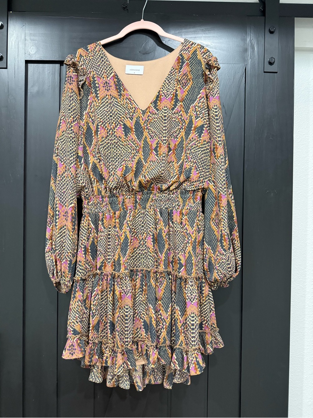 Adrienne V-Neck Tiered Ruffle Long Sleeve Dress in Tan, Pink, Black